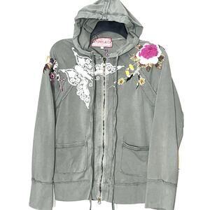 JWLA JOHNNY WAS SAGE GREEN EMBROIDERED FLORAL HOODIE FULL ZIP JACKET L LARGE